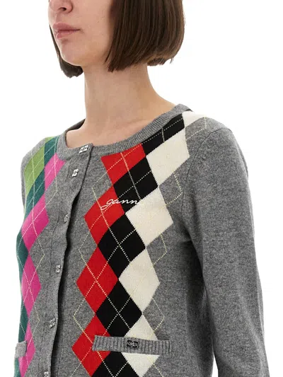Ganni Argyle-pattern Logo-embroidered Cardigan In Multi