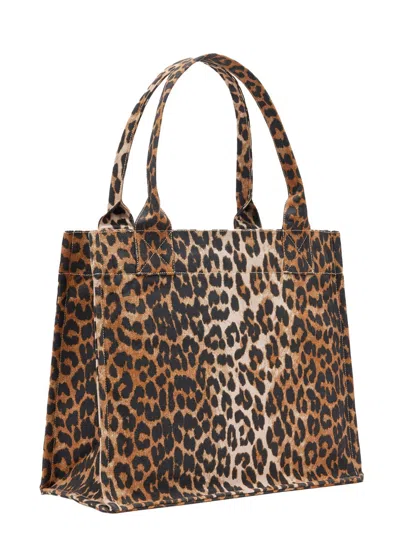 Ganni Brown Tote Bag With Graphic Print On The Front And All-over Leopard Motif In Cotton Woman