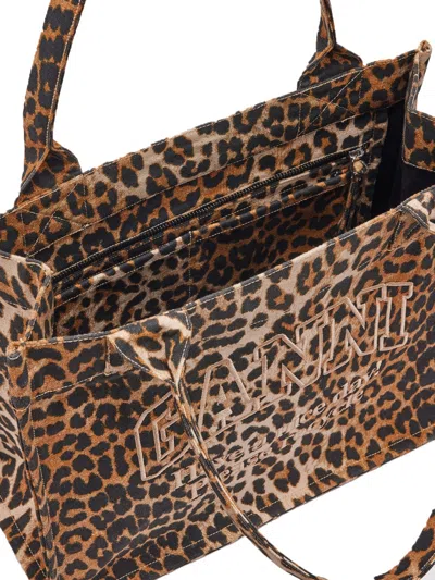 Ganni Brown Tote Bag With Graphic Print On The Front And All-over Leopard Motif In Cotton Woman