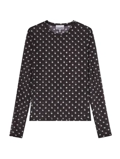 Ganni Sheer Polka Dot Long Sleeve Crew Sweater In Multi