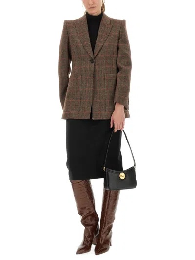 Chloé Slim Fit Plaid Wool Tailored Jacket In Brown