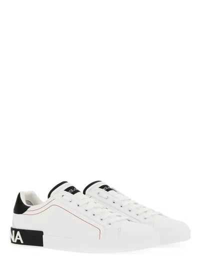 Dolce & Gabbana Portofino White Low Top Sneakers With Patch Logo And Red Stitching In Smooth Leather Man