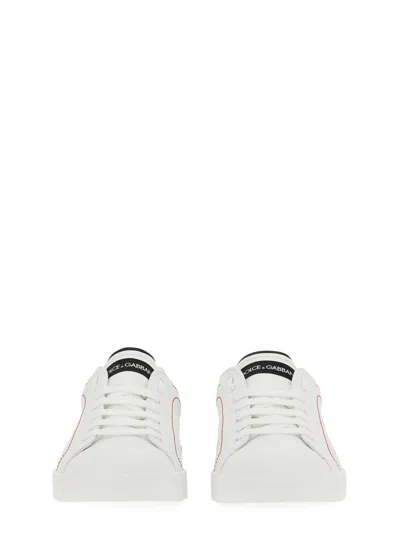 Dolce & Gabbana Portofino White Low Top Sneakers With Patch Logo And Red Stitching In Smooth Leather Man