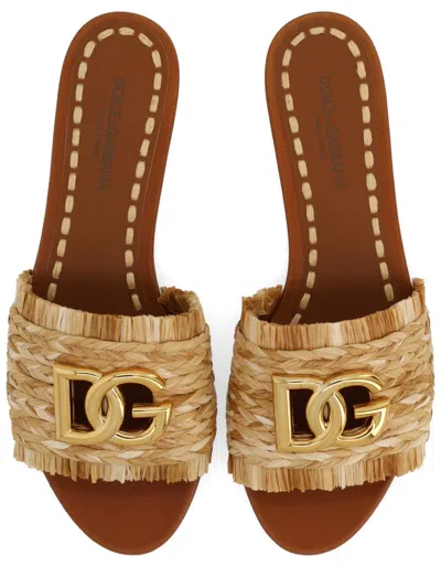 Dolce & Gabbana Dg Raffia-effect Slides In Gold