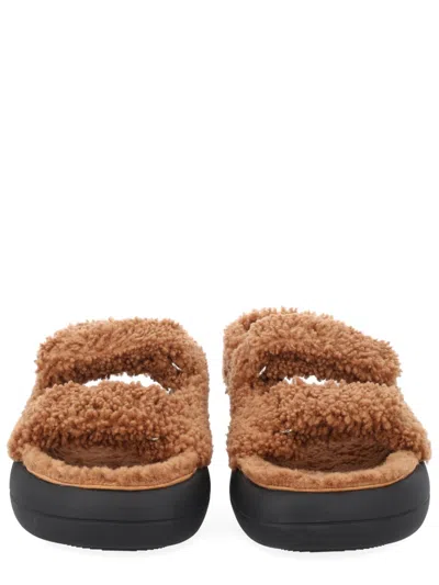 Moon Boot Shearling Sandals With Thick Sole In Brown