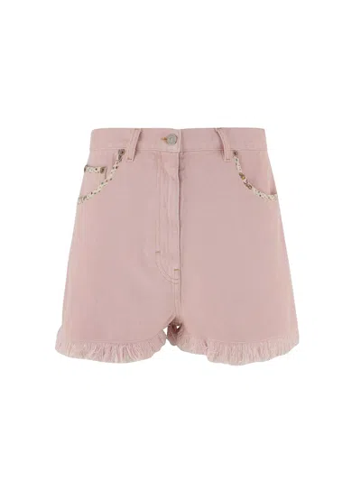 Valentino Knee Length Shorts Frayed Hem Floral Pockets Belt Loops In Pink