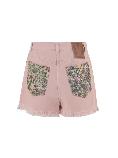 Valentino Knee Length Shorts Frayed Hem Floral Pockets Belt Loops In Pink