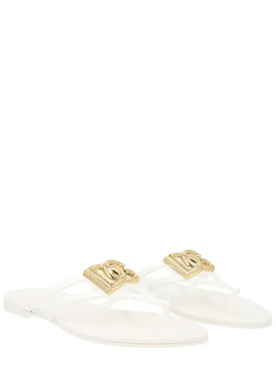 Dolce & Gabbana White Thong Sandals With Logo Plaque On The Front In Rubber Woman In Multi