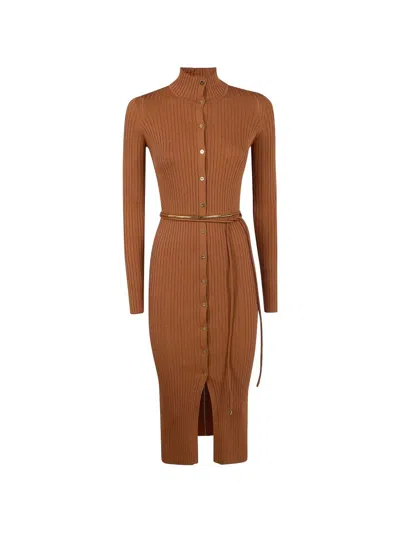 Elisabetta Franchi Dress In Openwork Knit Fabric With Jewel Belt In Brown