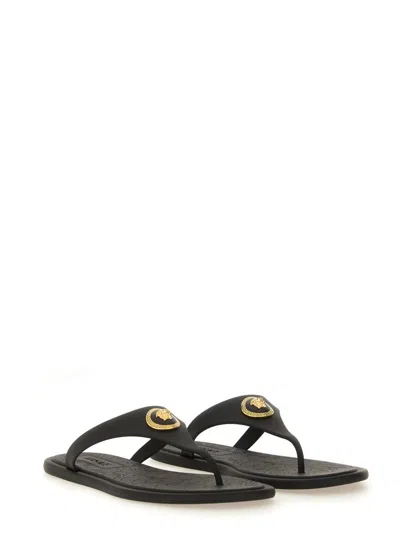 Versace Flat Sole Open Toe Sandals With Medusa Motif In Black
