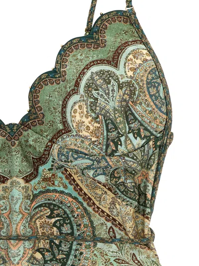 Zimmermann Wanderlust Belted Embellished Scalloped Printed Swimsuit In Green