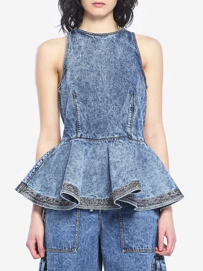 Alaïa Alaia Peplum Halterneck Top With Ruched Hem And Fitted Waist In Blue