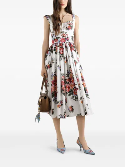 Dolce & Gabbana White Cotton Midi Dress With Floral Print Dolce E Gabbana In Multi