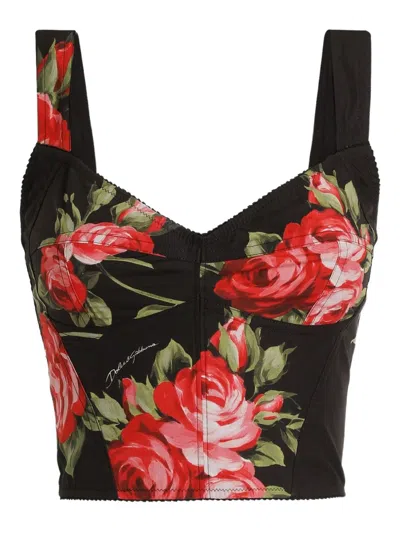 Dolce & Gabbana Top Nero In Seta Con Stampa Floreale Dolce E Gabbana In Black
