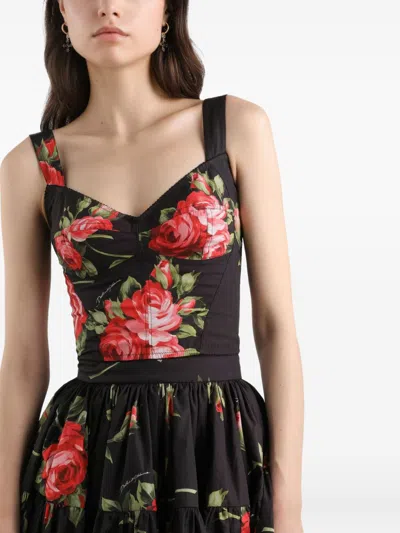 Dolce & Gabbana Top Nero In Seta Con Stampa Floreale Dolce E Gabbana In Black