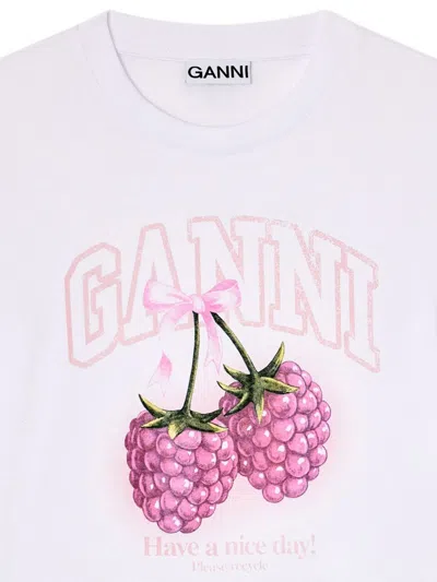 Ganni Cotton Crew Neck Graphic Print T-shirt In White