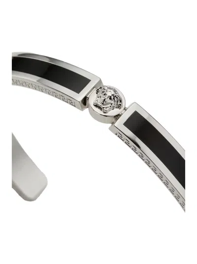 Versace Black Cuff Bracelet With Medusa Plaque And Greca Engravings In Brass Man In Black