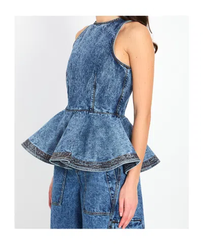 Alaïa Alaia Peplum Halterneck Top With Ruched Hem And Fitted Waist In Blue