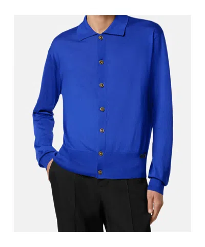 Versace Buttoned Collared Cardigan In Blue