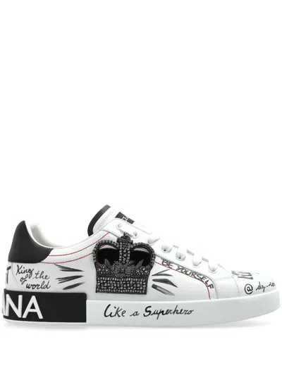 Dolce & Gabbana White Low Top Sneakers With Logo Patch On The Tongue And All-over Print In Leather Man In White