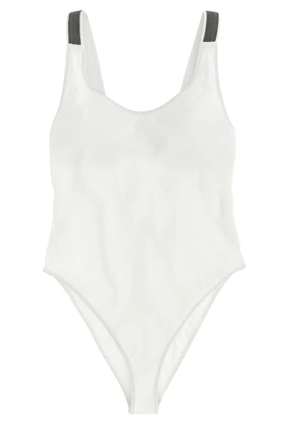 Brunello Cucinelli White Techno Jersey Precious Details One-piece Swimsuit In White