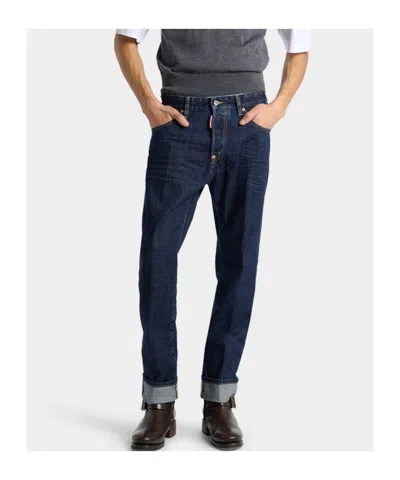 Dsquared2 Five-pocket Button-up Jeans With Logo Patch In Blue