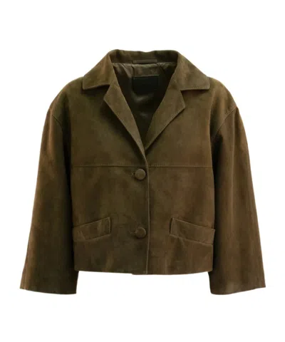Prada Cropped Suede Jacket Notched Lapel Pockets In Green