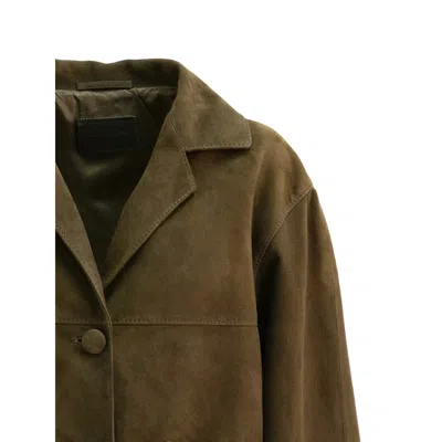 Prada Cropped Suede Jacket Notched Lapel Pockets In Green