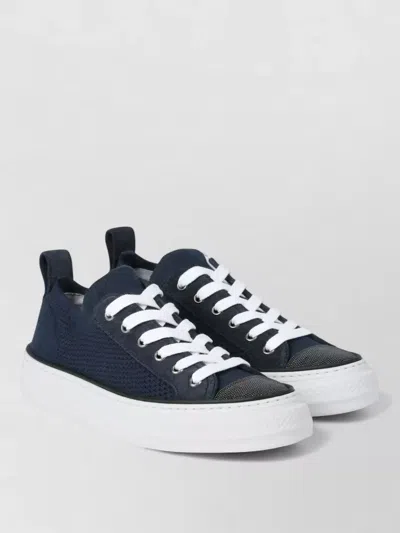 Brunello Cucinelli Bead-embellished Suede-trimmed Stretch-knit Sneakers In Blue