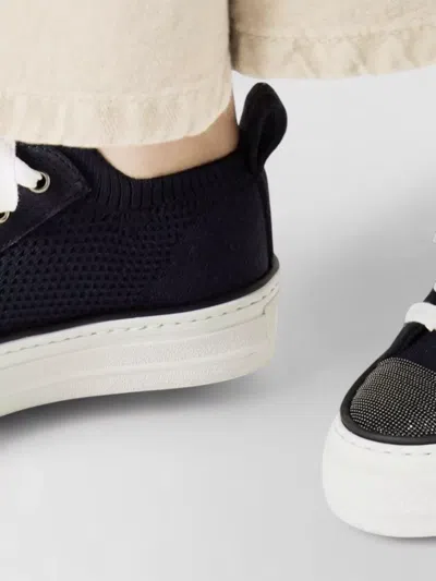Brunello Cucinelli Bead-embellished Suede-trimmed Stretch-knit Sneakers In Blue