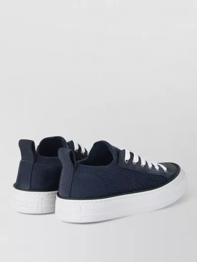 Brunello Cucinelli Bead-embellished Suede-trimmed Stretch-knit Sneakers In Blue