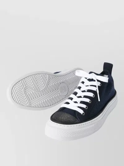 Brunello Cucinelli Bead-embellished Suede-trimmed Stretch-knit Sneakers In Blue