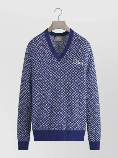 Dior Men Wool Sweater With Bicolor Pattern In Blue