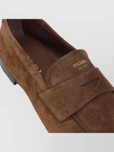 Prada Loafers Suede Finish Round Toe Design In Brown