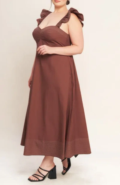 Flying Tomato Solid Flutter Sleeve Midi Dress In Brown