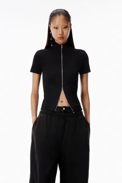 Alexander Wang Rashguard Mock Neck Short Sleeve Top In Black
