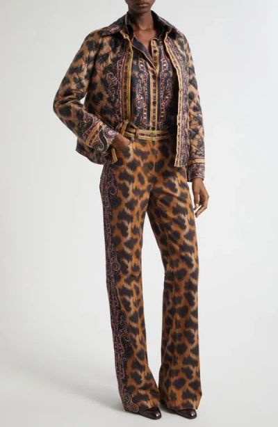 Etro Bootcut Jeans In Bull Denim With Animal Motif In Brown