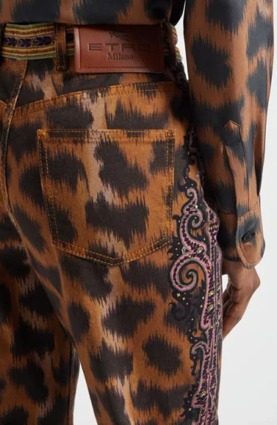 Etro Bootcut Jeans In Bull Denim With Animal Motif In Brown