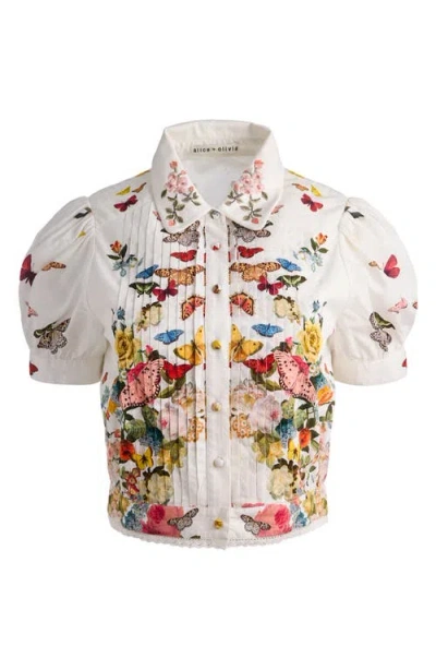Alice And Olivia Rosie Embroidered Puff Sleeve Cropped Button Down Blouse Solar Strength Off White In Multi