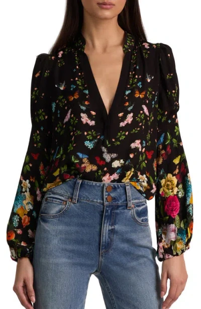 Alice And Olivia Helen Blouson Sleeve Blouse In Black