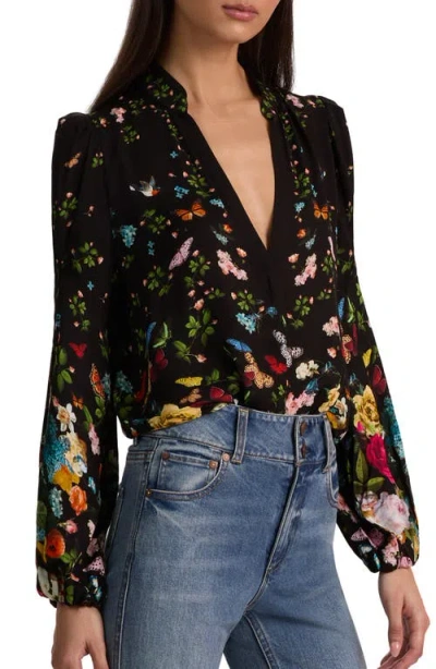 Alice And Olivia Helen Blouson Sleeve Blouse In Black