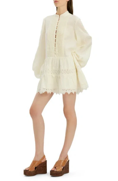 Bardot Antonia Lace Trim Long Sleeve Linen Minidress In Neutral
