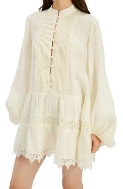 Bardot Antonia Lace Trim Long Sleeve Linen Minidress In Neutral