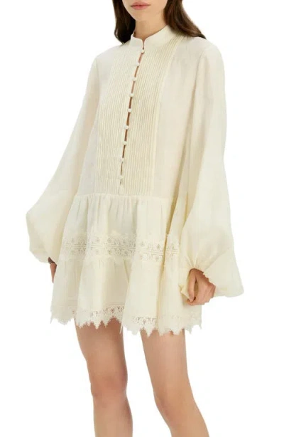 Bardot Antonia Lace Trim Long Sleeve Linen Minidress In Neutral