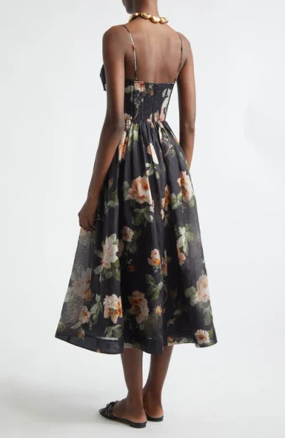 Zimmermann Luna Floral-print Linen And Silk-blend Midi Dress In Black