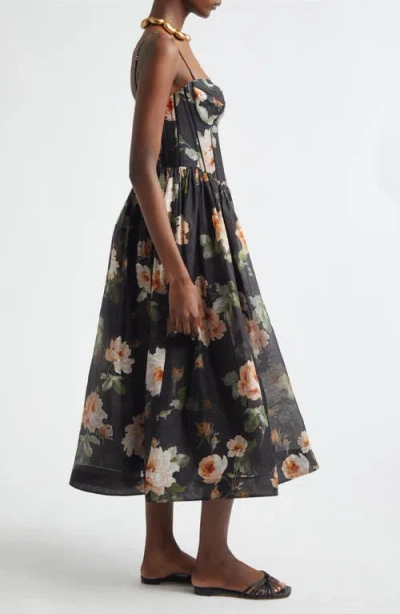 Zimmermann Luna Floral-print Linen And Silk-blend Midi Dress In Black