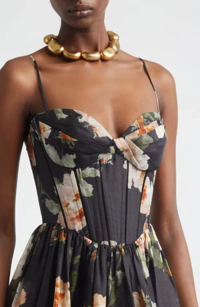 Zimmermann Luna Floral-print Linen And Silk-blend Midi Dress In Black