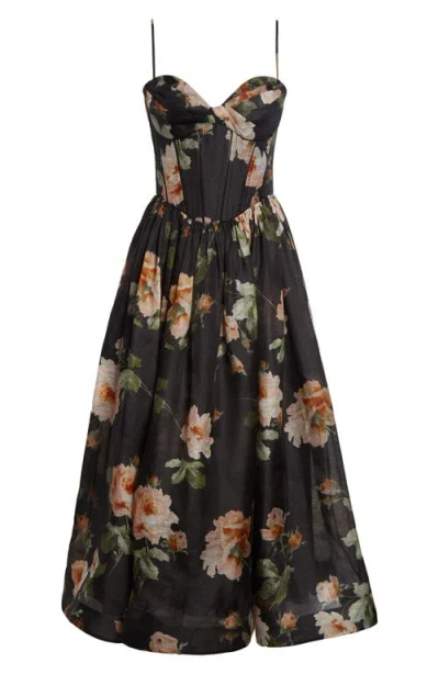 Zimmermann Luna Floral-print Linen And Silk-blend Midi Dress In Black