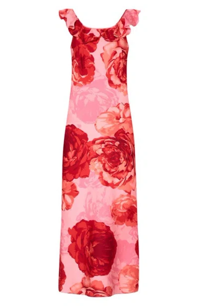 Milly Scarlett Printed Ruffle Neck Midi Dress In Pink