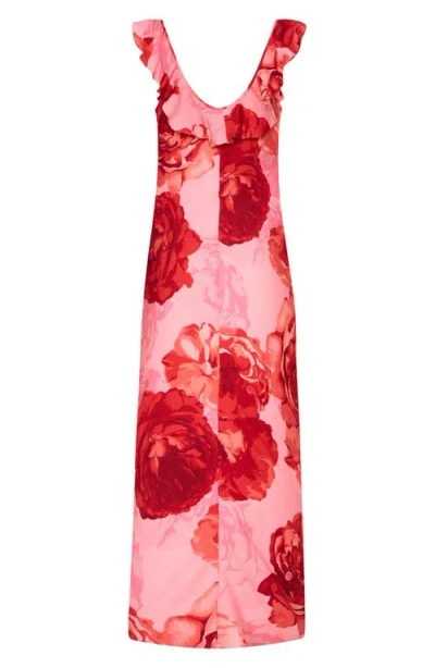 Milly Scarlett Printed Ruffle Neck Midi Dress In Pink